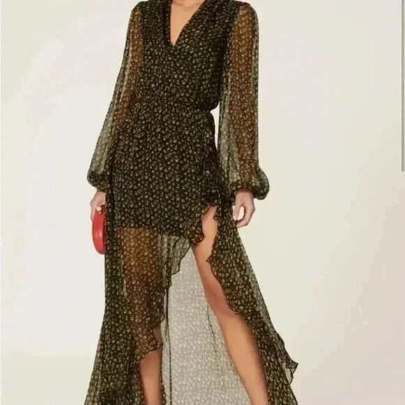 CAROLINE CONSTAS Vivian Winter Rose Black Floral Full Length 100% Silk Dress XS - Picture 5 of 15